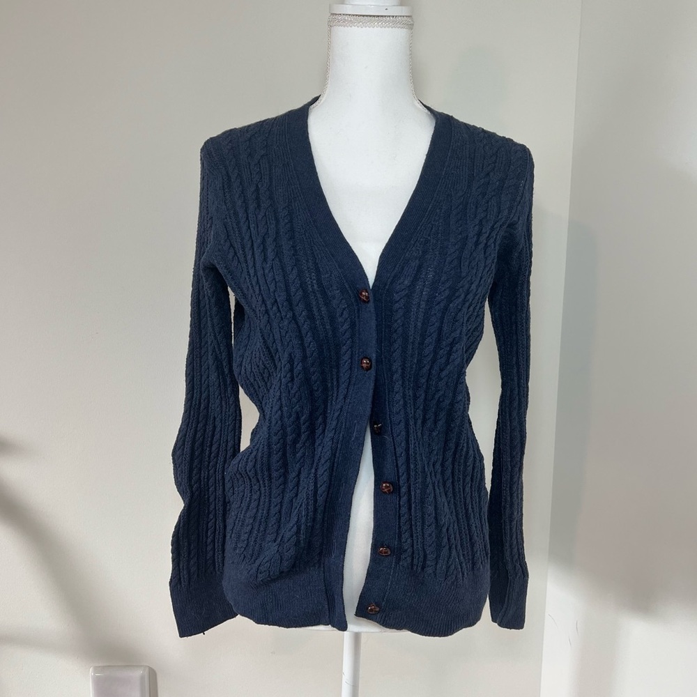 Lands’ End Navy Dark Blue Cable Knit Cotton & Wool Blend Button-Up Cardigan ❄️🦋
